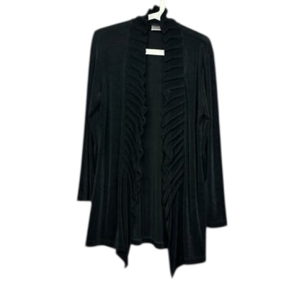 Chico's travelers Black Ruffle Trim Open Cardigan work casual career wear drapey